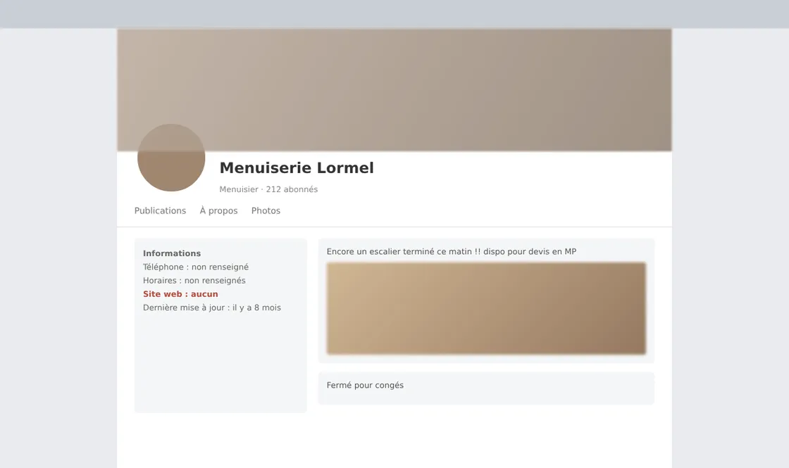 Avant : page de réseau social d'une menuiserie fictive, sans site, horaires ni téléphone renseignés